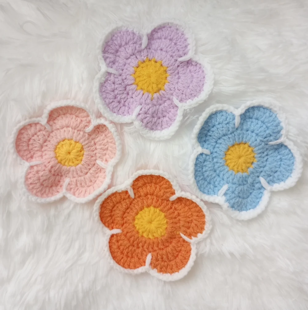 Handmade Crochet Flower Coasters Set Of 4 Purple Pink Coral Orange Blue